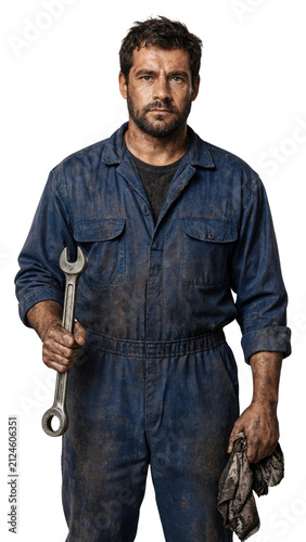 Dirty mechanic in blue jumpsuit holding large wrench portrait