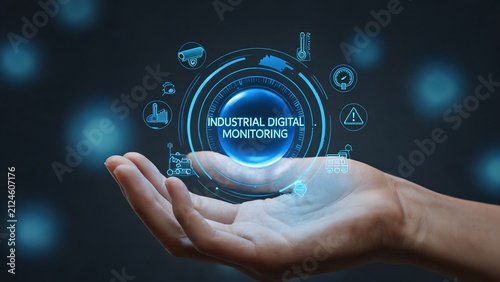 Futuristic Industrial Digital Monitoring Hologram Held in Open Palm, Smart Factory Technology Concept