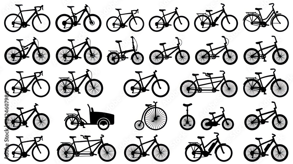 Fototapeta premium Collection of various bicycle silhouettes on a white background.