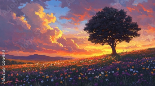 Solitary tree on a colorful flowery field at sunset.