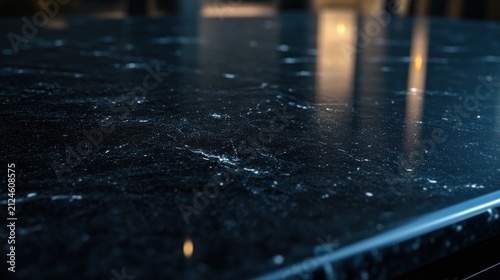 Close-up of dark, polished countertop surface with subtle veining and reflections.