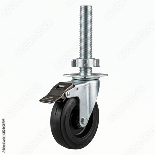 A heavy-duty swivel caster wheel with a brake and threaded stem, designed for industrial equipment. 