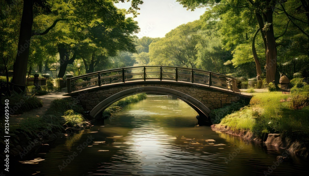 Fototapeta premium Serene bridge over calm river landscape.