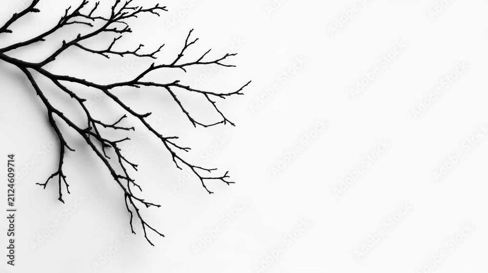 Fototapeta premium Minimalist black bare tree branch silhouette isolated on white background for elegant graphic design projects