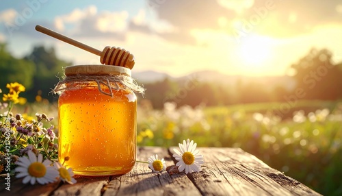 Natural Honey Jar with Wooden Dipper on a Clean Minimal Background, Designed for Food Marketing, Packaging, and Advertising Templates
