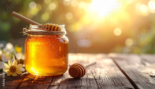 Fresh Natural Honey Dripping from a Wooden Dipper into a Glass Jar with Minimal Background for Marketing and Branding
