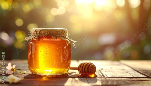 Pure Organic Honey with Wooden Dipper in a Glass Jar Featuring Clean Copy Space for Food Packaging and Commercial Design