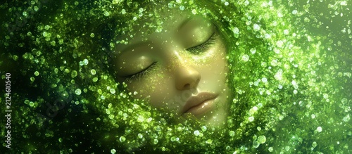 Serene woman's face nestled in vibrant green foliage with shimmering light particles