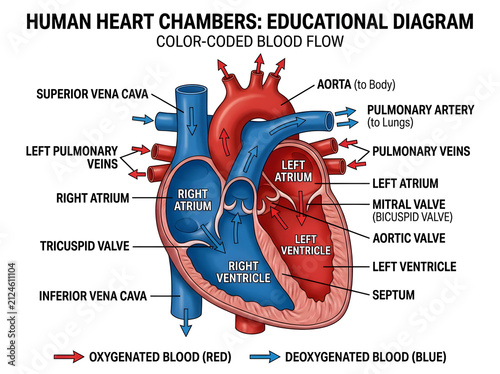 Human heart chambers color-coded blood flow diagram