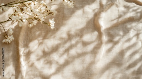 Sunlit Beige Linen Fabric Texture Background with Abstract Shadows and Blurred White Flowers
