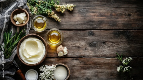 Natural beauty ingredients: shea butter, essential oils, and herbs for homemade skincare on a rustic wooden background