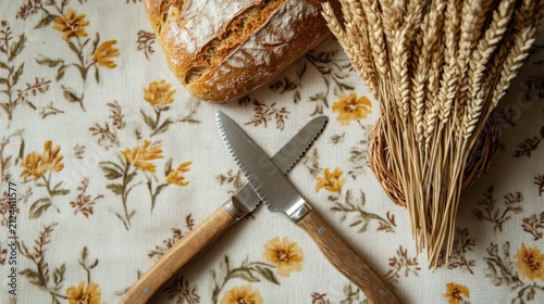 Freshly Baked Sourdough Bread Loaf with Wheat Stalks and Bread Knives on a Rustic Floral Tablecloth