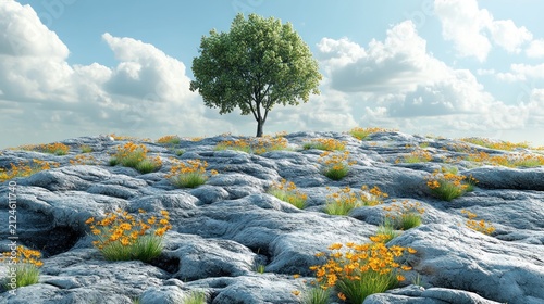 Lone tree on a rocky hill with orange flowers under a blue sky and white clouds
