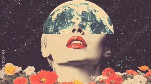 A woman gazes upward with a cosmic Earth overlay, set against a backdrop of twinkling stars and colorful flowers in bloom