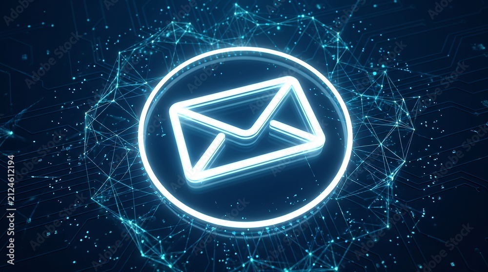 Fototapeta premium Glowing neon email symbol floating inside digital network structure with cyber data lines and circuit board background representing modern communication technology and electronic messaging