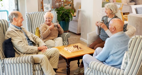 Fotografía Break, friends and talking with old people in living room of retirement home for community support