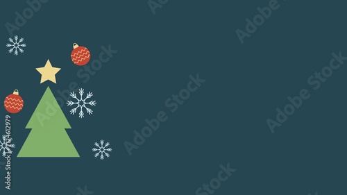 Seamless looping background animation of swaying Christmas tree, baubles, and snowflakes in side areas with wide dark blue text copy space area. Flat style winter night frame backdrop concept