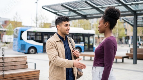 Two multicultural commuters pause for a friendly conversation beneath photovoltaic shelter panels, exchanging directions near an electric bus and timber seating in quiet climate smart transit square
