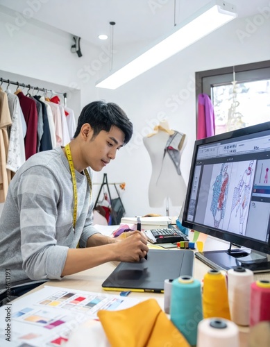Fashion designer using digital tablet and stylus in studio.