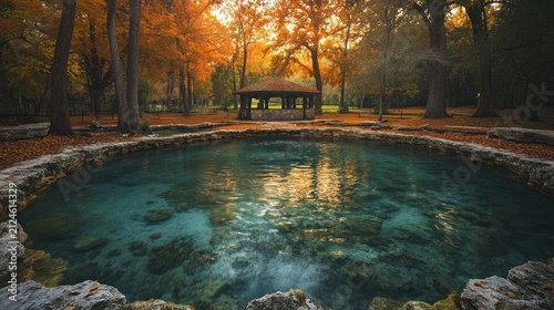 Crystal Clear Natural Spring in Autumn Park with Golden Trees and Rustic Gazebo
