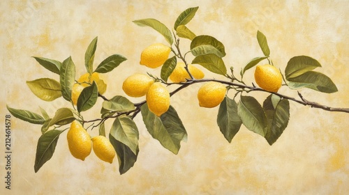 Oil Painting of Lemon Branch with Ripe Yellow Lemons and Green Leaves on Textured Background