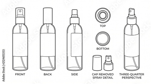 Spray Bottle Line Drawing Mockup Set with Multiple Views for Cosmetic Packaging Design Template