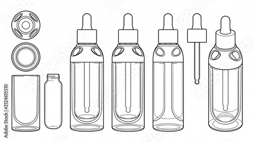 Cosmetic Dropper Bottle Line Art Mockup Set - Vector Outline Packaging