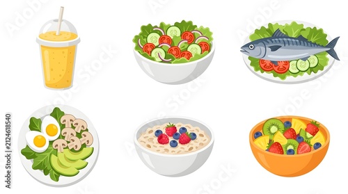 Healthy food seamless pattern with fresh ingredients. Vibrant diet and nutrition vector illustration set for wellness design.