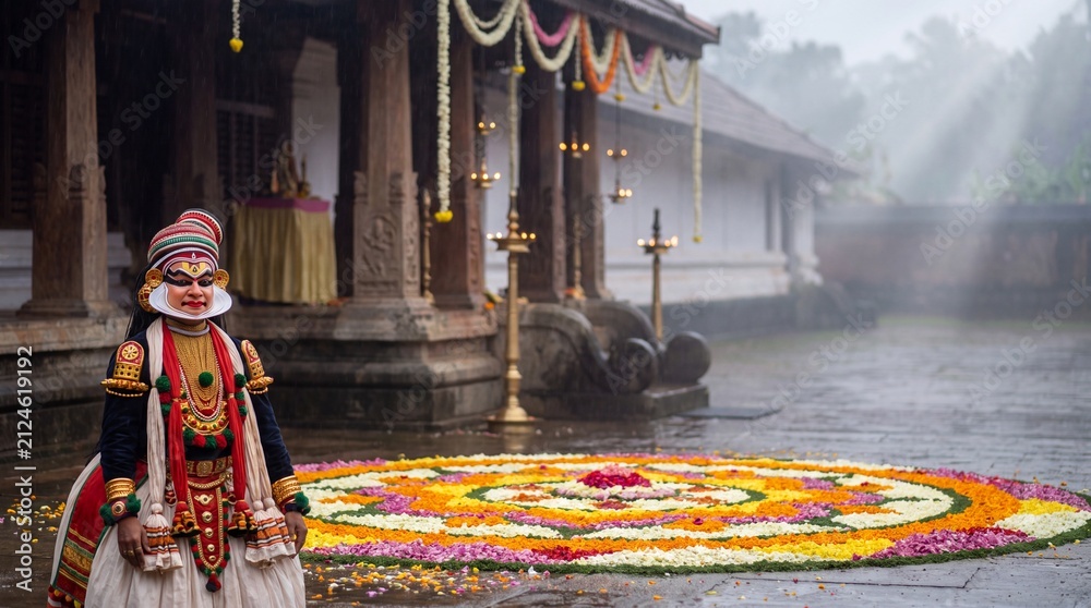 Obraz premium Kathakali dancer standing beside a flower pookalam in a Kerala temple courtyard with mist and sunbeams during Onam festival.