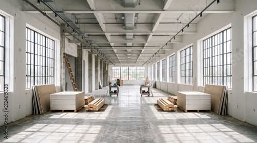Empty commercial space with construction materials and large windows