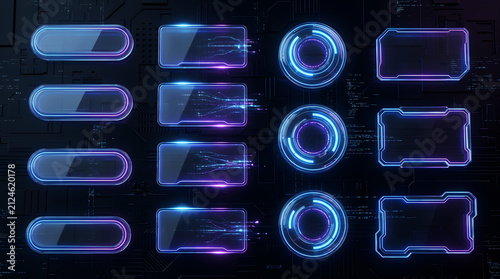 Sci-Fi Futuristic Glass HUD Interface Kit with Glowing Neon UI Elements and Circuit Board Background