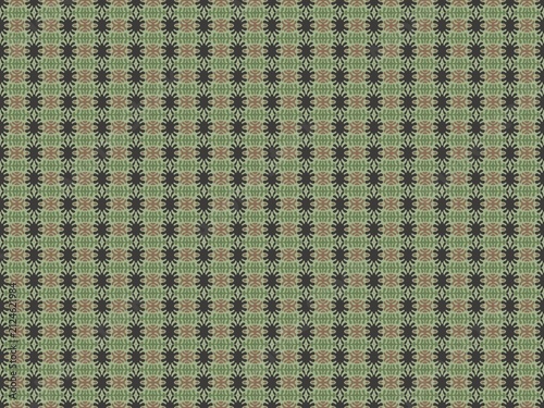 Pattern repeats with intricate geometric design. Green and brown tones create a vintage aesthetic. Each motif radiates symmetry with detailed edges. Suitable for wallpapers, textiles