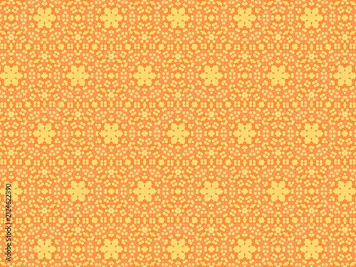 Warm orange background with delicate floral patterns. Symmetrical design features repeating geometric flowers. Soft tones evoke calmness and coziness. Perfect for greeting cards, packaging