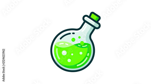 Green potion in a round glass bottle, isolated