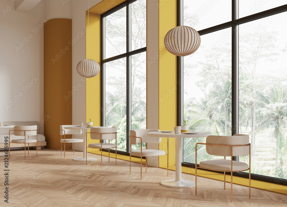 Fototapeta premium Contemporary cafe interior with yellow walls, pendant lights, furniture on bright background, minimalist style, hospitality concept, 3D Rendering