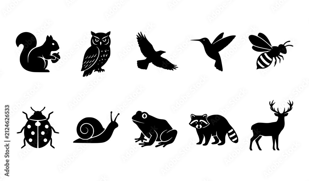 Fototapeta premium Cat, Owl, Bird, Dog, Fish, Deer, and Insect Animal Icons on White Background for Wildlife Design Featuring Icon, Silhouette