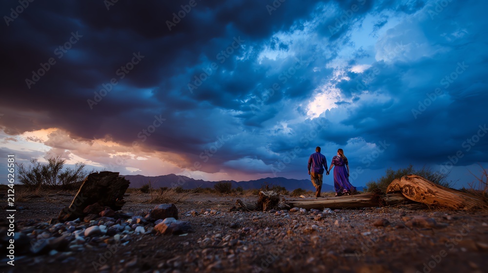 Fototapeta premium Couple walking under a dramatic sky.