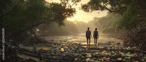 Two figures standing by a polluted riverbank.