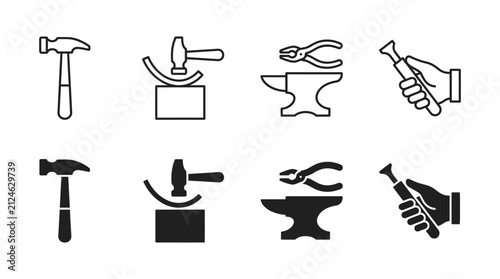 Metalworking and smithing tools icons including hammer shaping anvil pliers and hand holding chisel with blacksmith