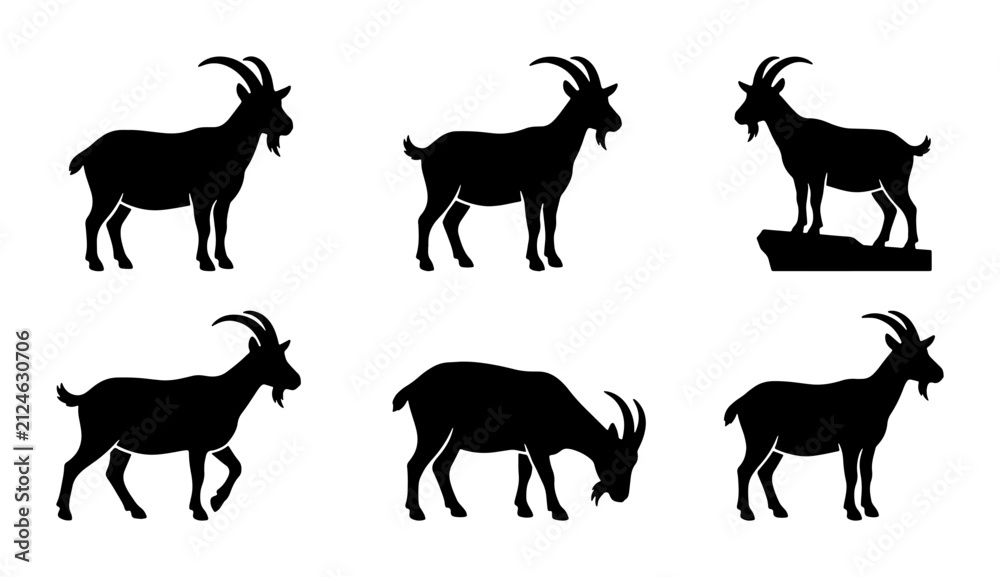 Fototapeta premium Goat Silhouettes Collection, Farm Animals Vector Icons, Livestock Mammal Graphics, Rural Wildlife Set