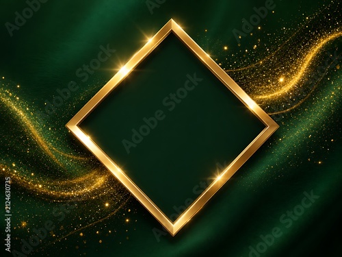 Dark green background, with golden diamond, frame and sparkling, glitter particles for, luxury invitations and, greeting card