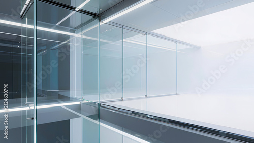 Minimal futuristic glass technology background, transparent glass panels, soft reflections, white and blue color palette, clean innovation concept,
