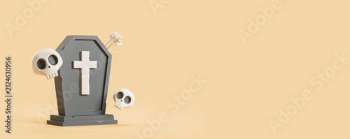 Obraz na płótnie Coffin with Christian cross and floating skulls in 3D Rendering style on a warm