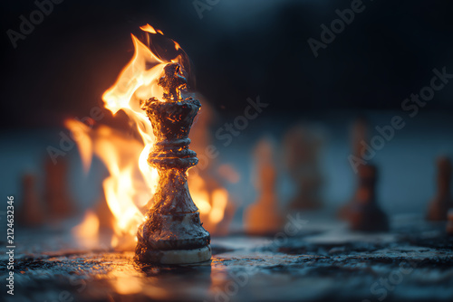 King on Fire: A lone chess king piece engulfed in flames stands defiantly on a chessboard, symbolizing intense conflict, strategic struggle, and high-stakes challenges.