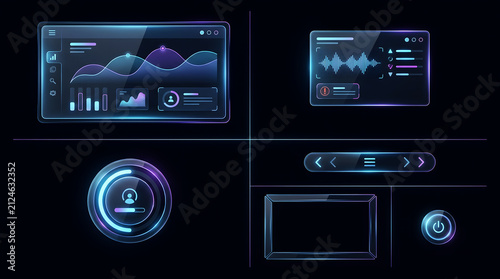 Futuristic HUD Glassmorphism UI Kit with Data Analytics Dashboard, Audio Waveform, and Neon Control Widgets