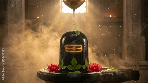Ancient Shiva Lingam in temple with Floral Offerings, made by Ai