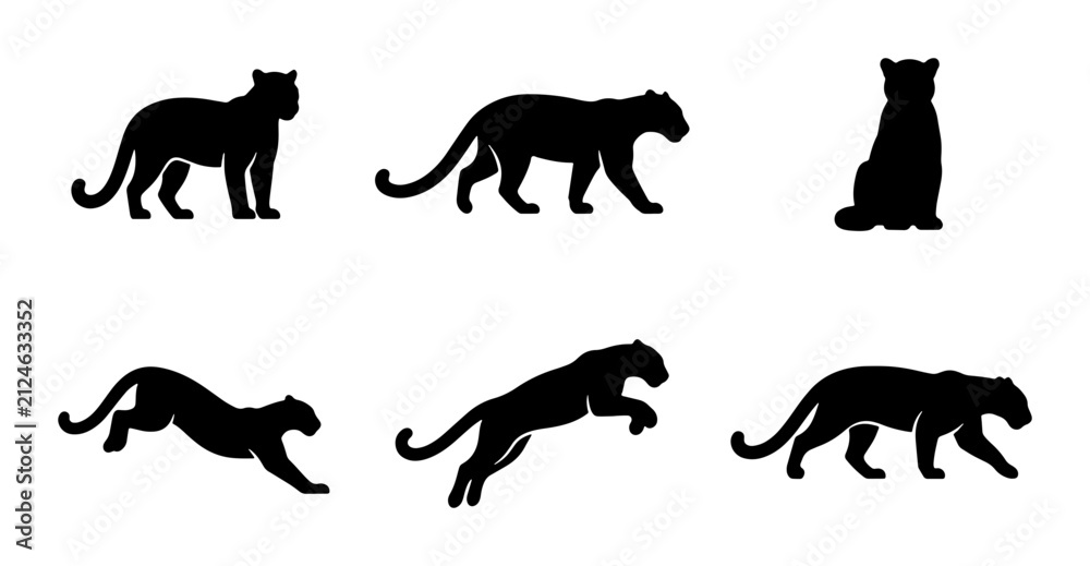 Fototapeta premium Panther Silhouettes Collection, Wild Cat Vector Icons, Big Cat Poses, Black Animal Graphics