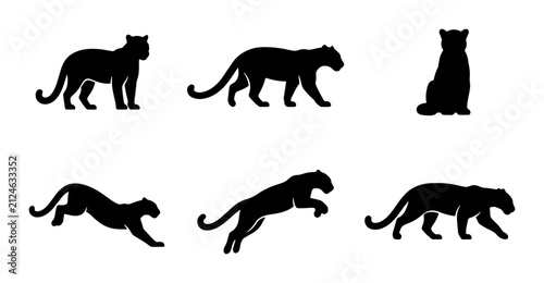 Photography Panther Silhouettes Collection, Wild Cat Vector Icons, Big Cat Poses, Black Anim