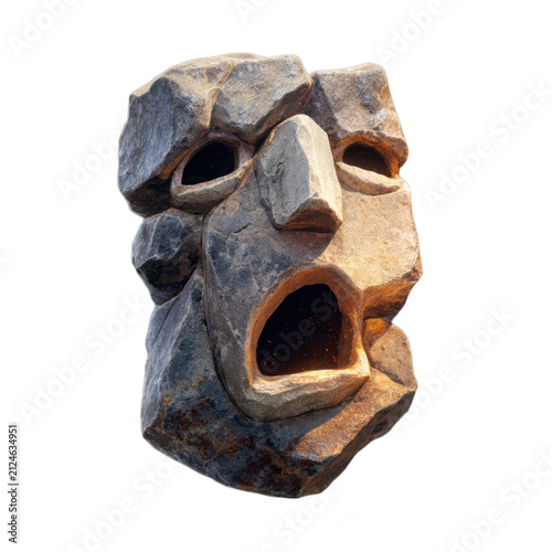 Ancient Stone Screaming Face Sculpture Isolated on White