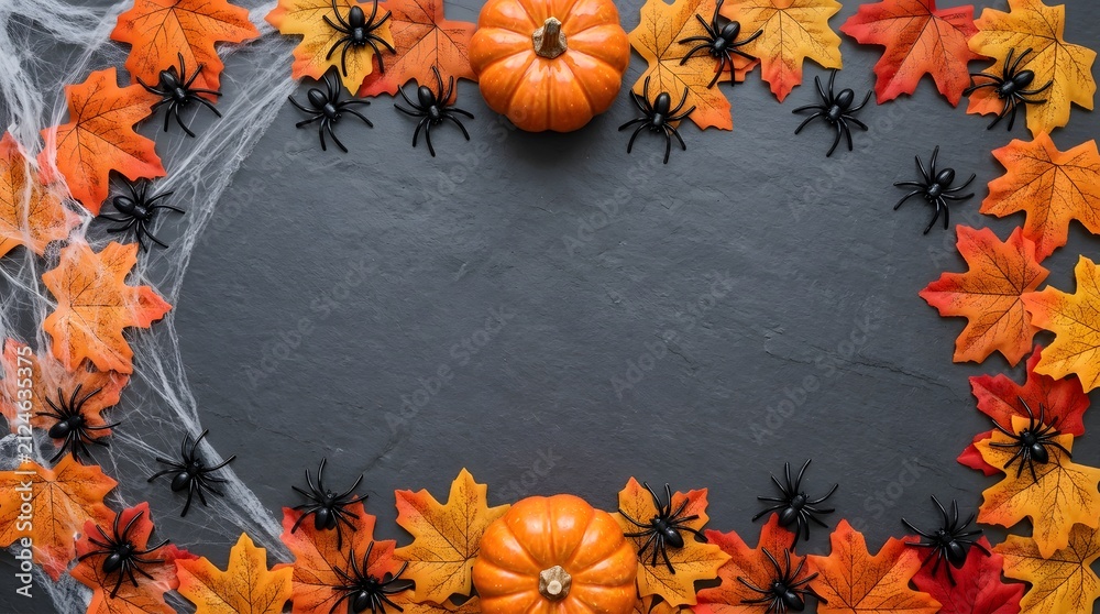 Fototapeta premium Halloween background with pumpkins, spiders, and autumn leaves on a dark slate surface
